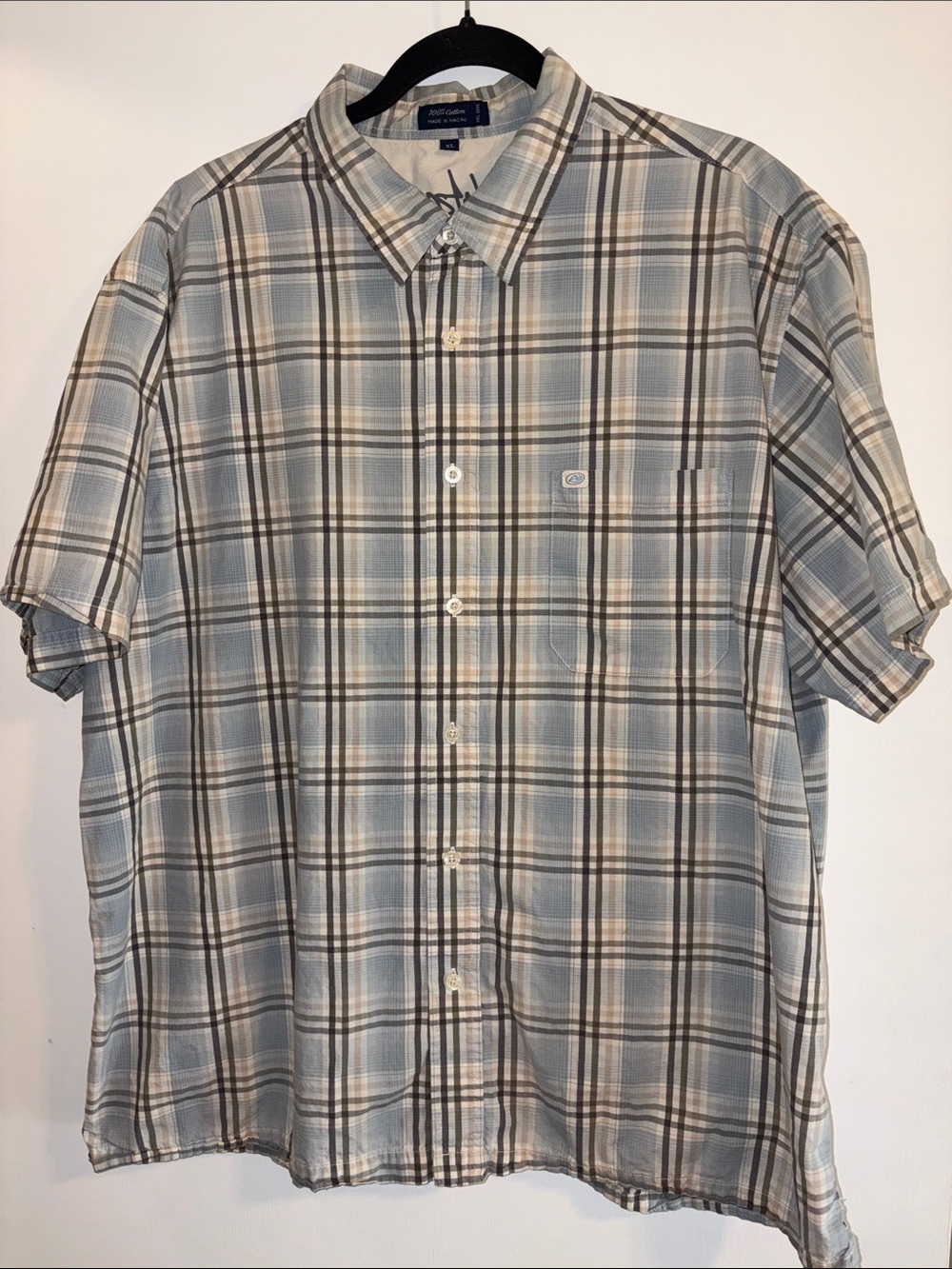 Aeropostale Light Blue and Tan Plaid Short-Sleeve Button-Down Shirt